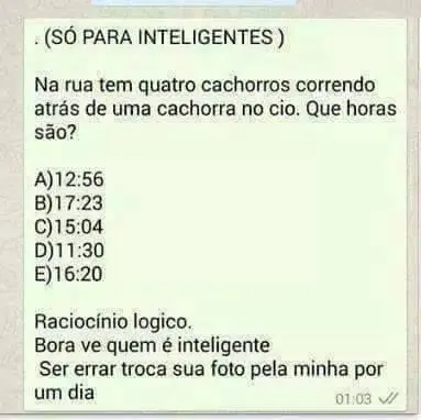 Resposta Na rua tem quatro cachorros correndo atrás de uma cachorra no cio. Que horas são?