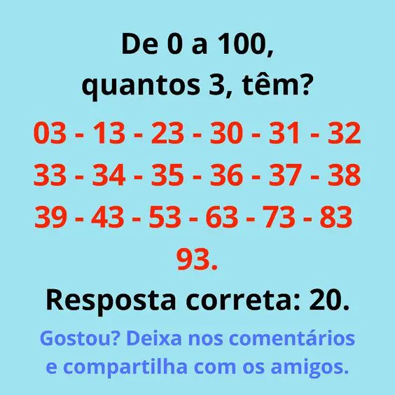 Resposta de 0 a 100, quantos 3, tem?