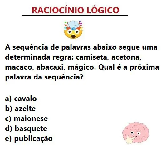 A sequência de palavras abaixo segue uma determinada regra: camiseta, acetona, macaco, abacaxi, mágico. Qual é a próxima palavra da sequência?