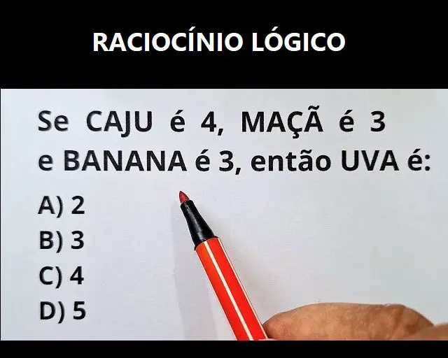 Se CAJU é 4, MAÇÃ é 3 e BANANA é 3, então UVA é?