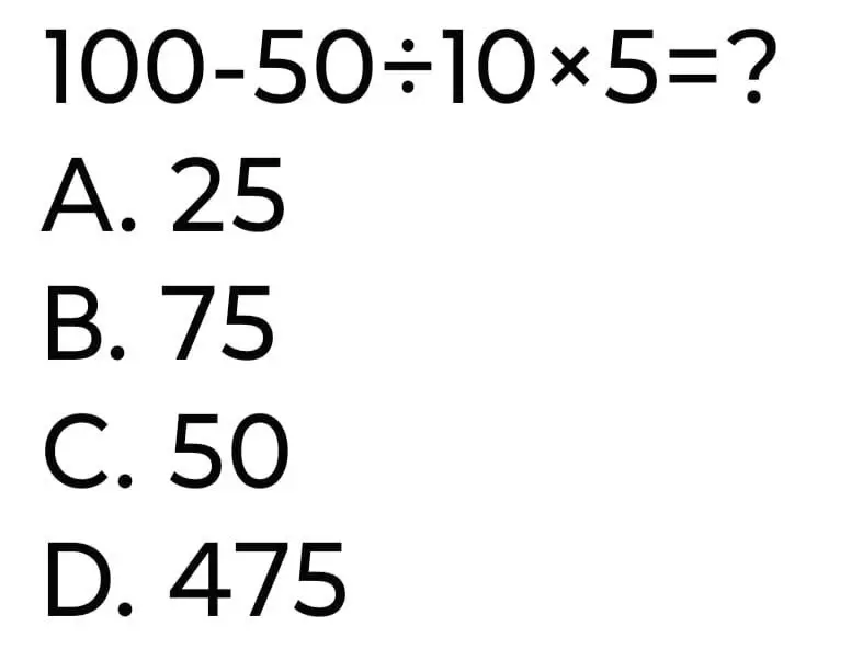 Teste de Matemática: 100-50/10x5