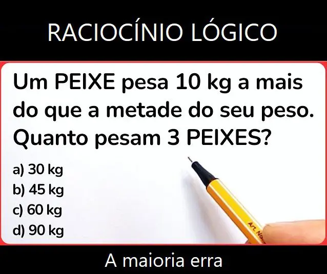 Um peixe pesa 10 kg a mais do que a metade do seu peso, quanto pesam 3 peixes?