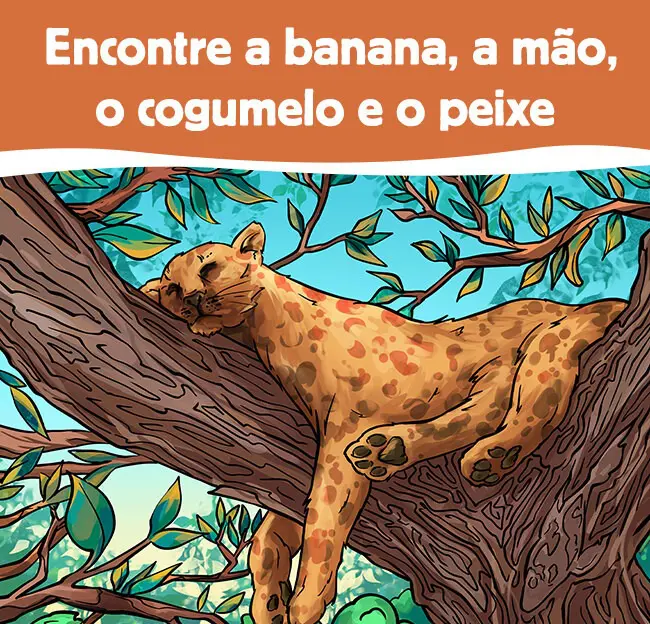 Encontre a banana, a mão, o cogumelo e o peixe