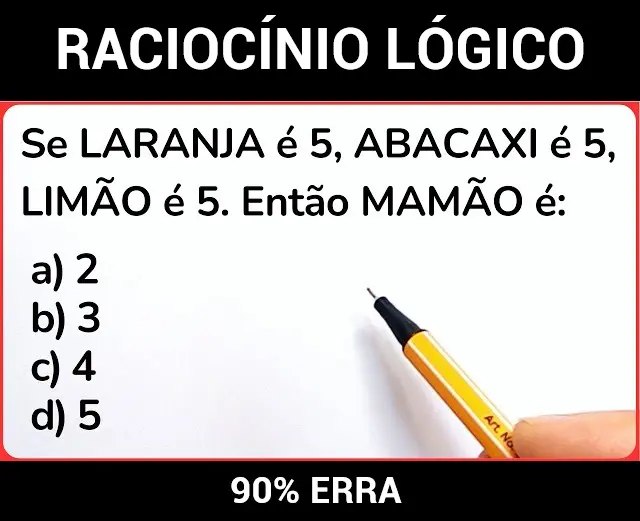 Se LARANJA é 5, ABACAXI é 5, LIMÃO é 5, então MAMÃO é?