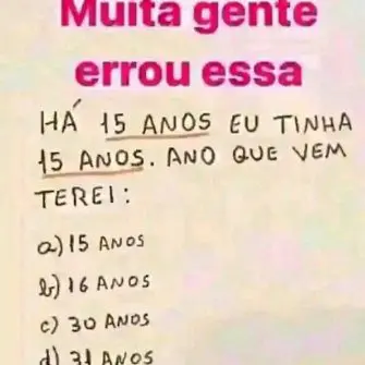 Veja a Resposta Há 15 anos eu tinha 15 anos, ano que vem terei?