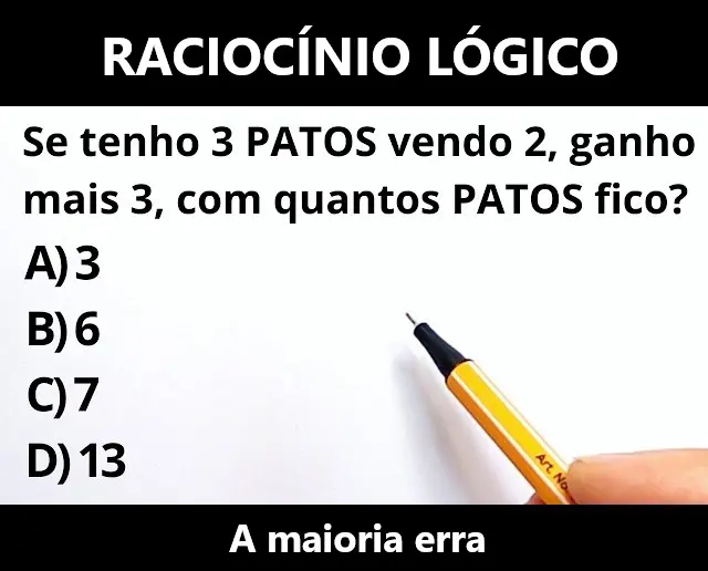 Se tenho 3 Patos vendo 2, ganho mais 3, com quantos Patos fico?