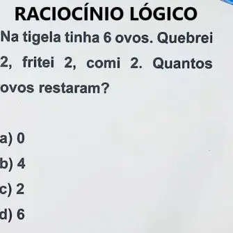 Na tigela tinha 6 ovos, quebrei 2, fritei 2, comi 2, quantos ovos restaram?