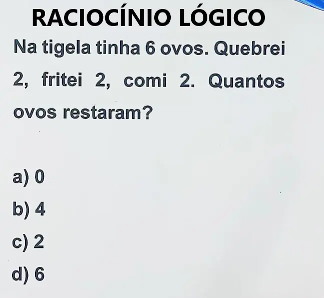 Na tigela tinha 6 ovos, quebrei 2, fritei 2, comi 2, quantos ovos restaram?