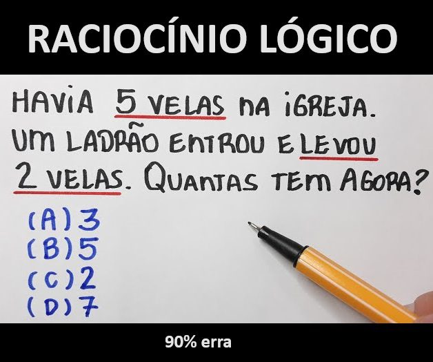 Havia 5 velas na Igreja, um ladrão entrou e levou 2 velas, quantas tem agora?